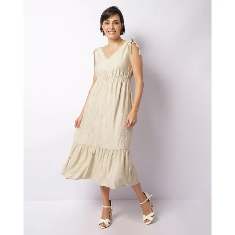 Vestido Feminino Midi Viscose Bordado Bege G