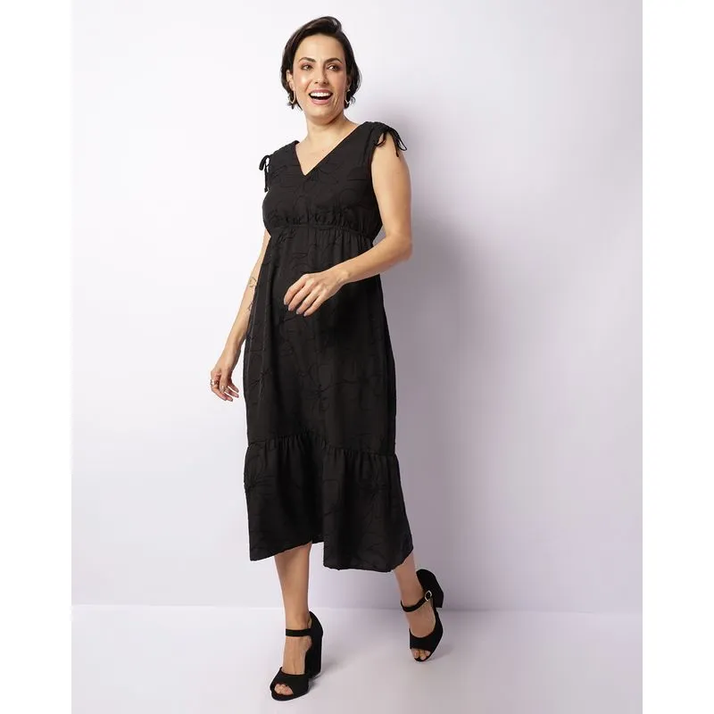 Vestido Feminino Berry & Co. Midi Viscose Bordado Preto P