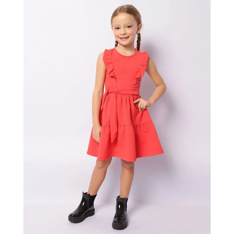 Vestido Infantil Curto Texturizado Com Faixa Para Amarração Vermelho 10