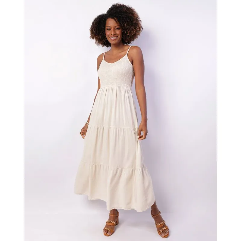 Vestido Feminino Berry & Co. Viscolinho Longo Alcinha Bege P
