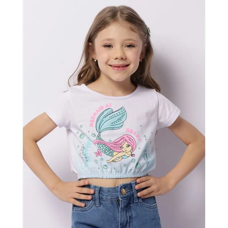 Blusa Infantil Cropped Estampa Sereia Manga Curta Branca 8