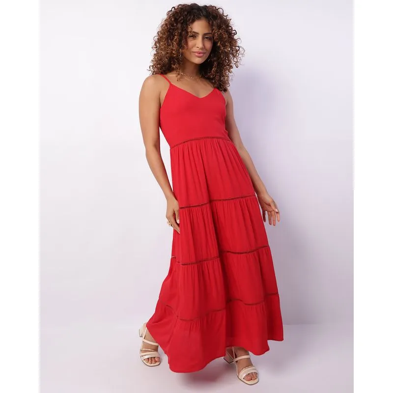 Vestido Feminino Longo Berry & Co. Viscose com Entremeio Vermelho P