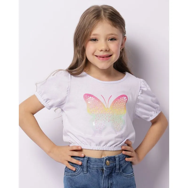 Blusa Infantil Cropped Bordado Paetê Manga Curta Branca 6