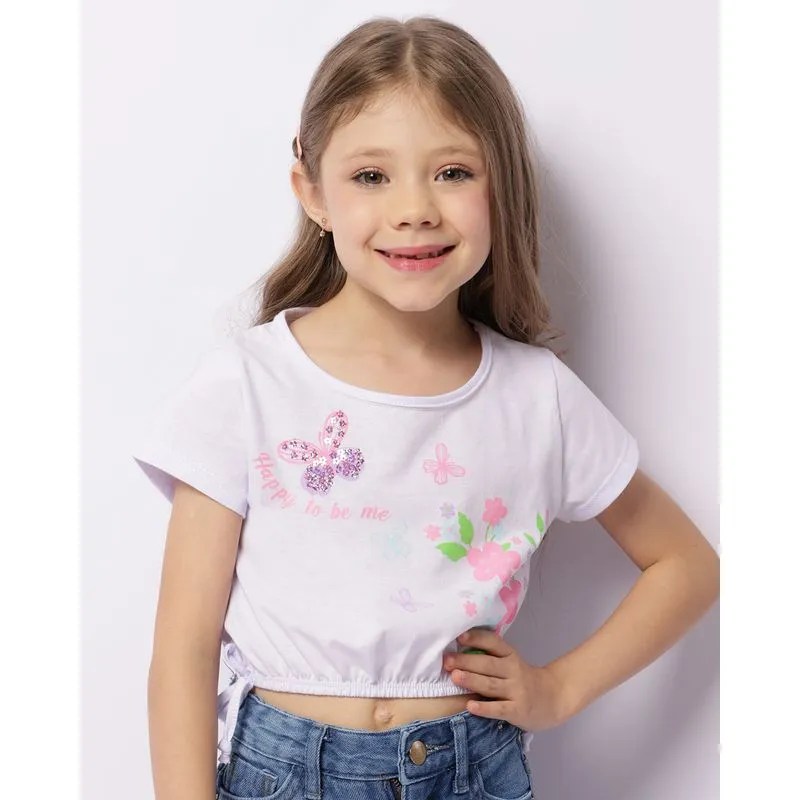Blusa Infantil Cropped Bordado Paetê Manga Curta Branca 4