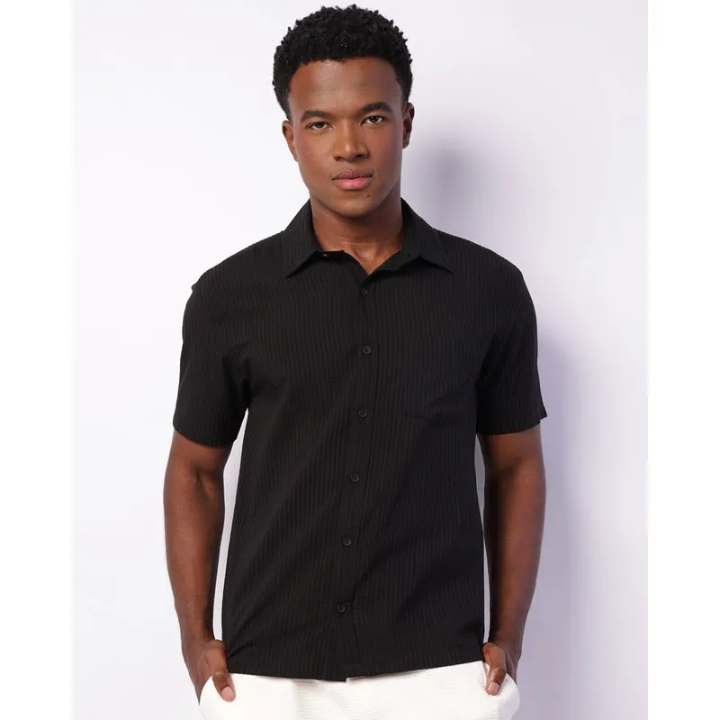 Camisa Masculina Manga Curta Texturizada Bolso Preta G