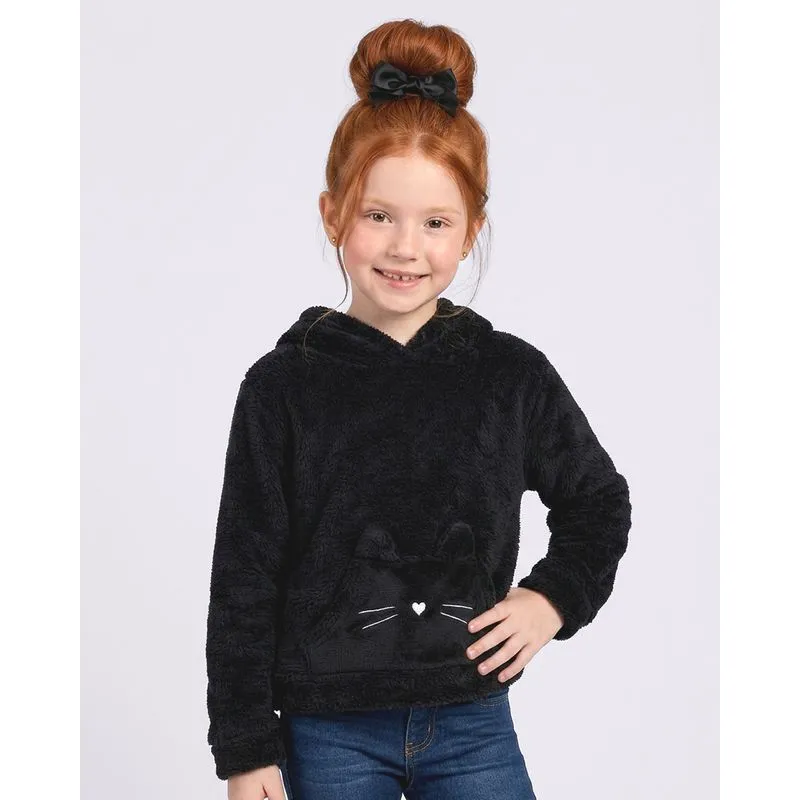 Blusão Infantil Peluciado com Capuz Bolso Gatinho Preto 6