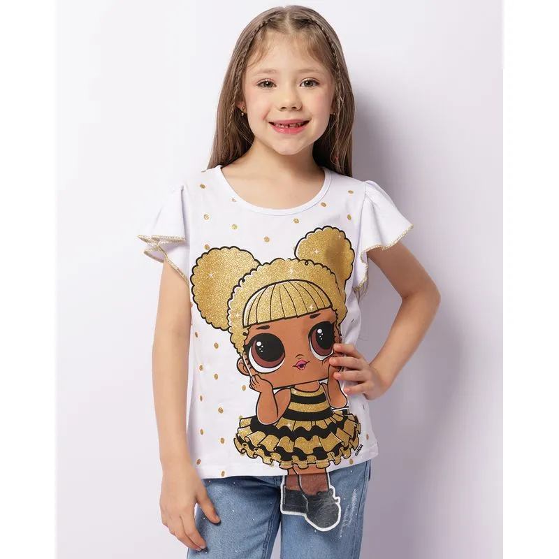 Blusa Infantil Lol Suprise Com Glitter Manga Curta Com Babado Laise Branca 8