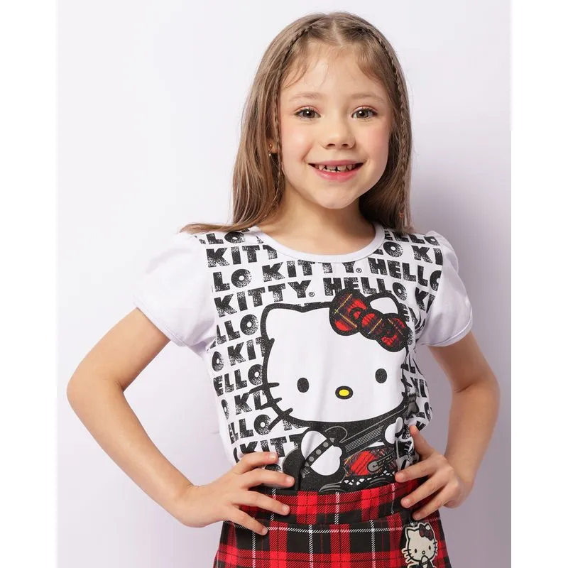 Camiseta Infantil Hello Kitty Com Glitter Manga Curta Branca 4