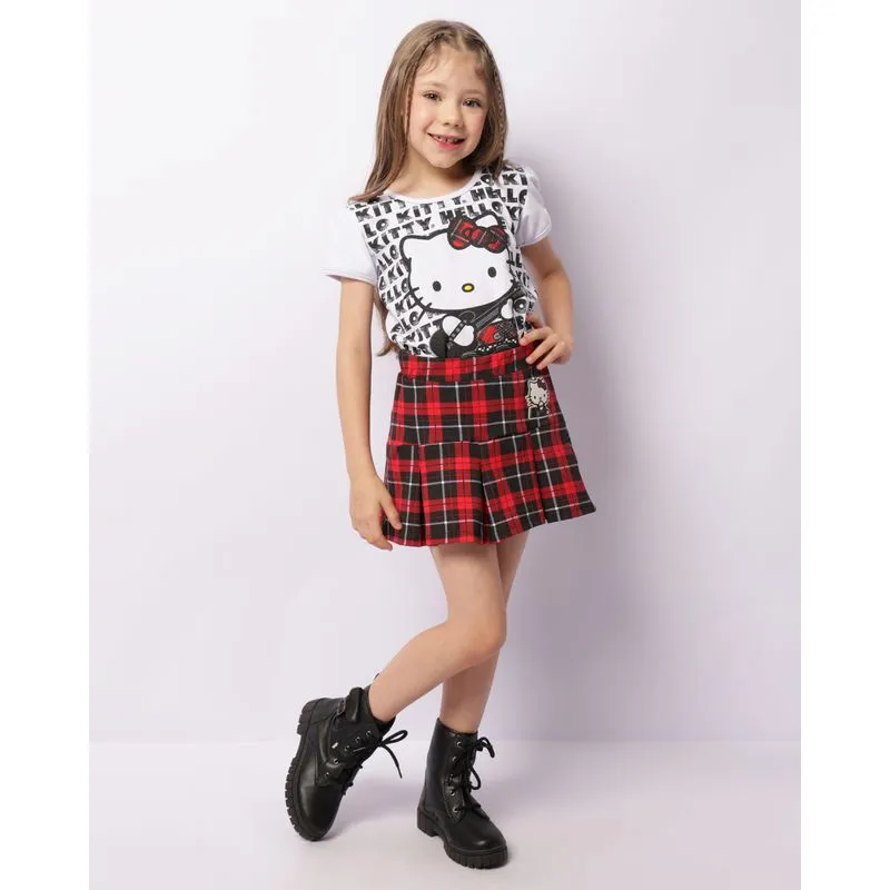 Saia Infantil Curta Hello Kitty Xadrez Vermelho 8