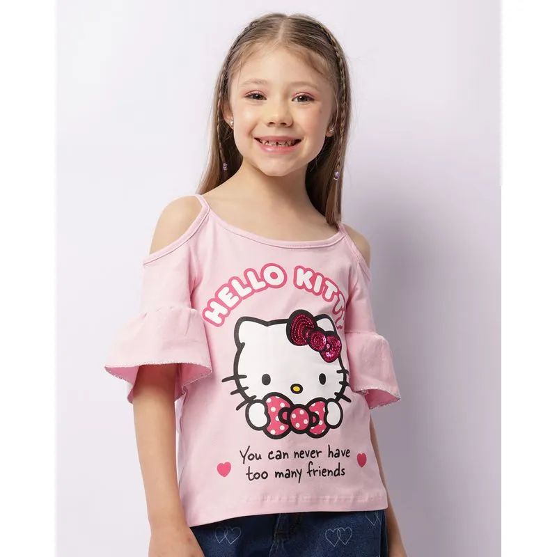 Blusa Infantil Hello Kitty Mangas Com Babado Lurex Rosa 8