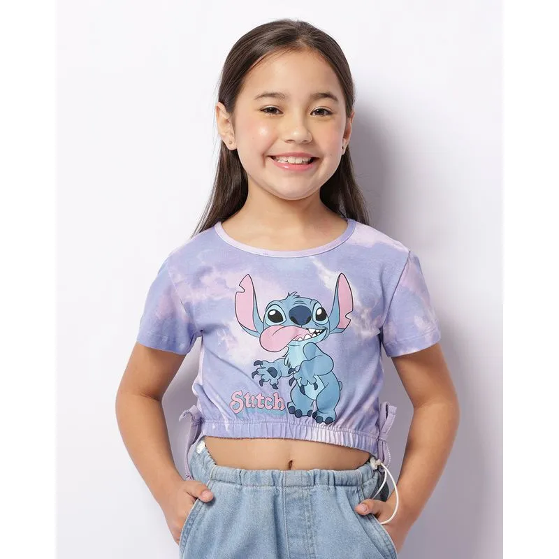 Camiseta Infantil Cropped Disney Stitch Manga Curta Lilás 8