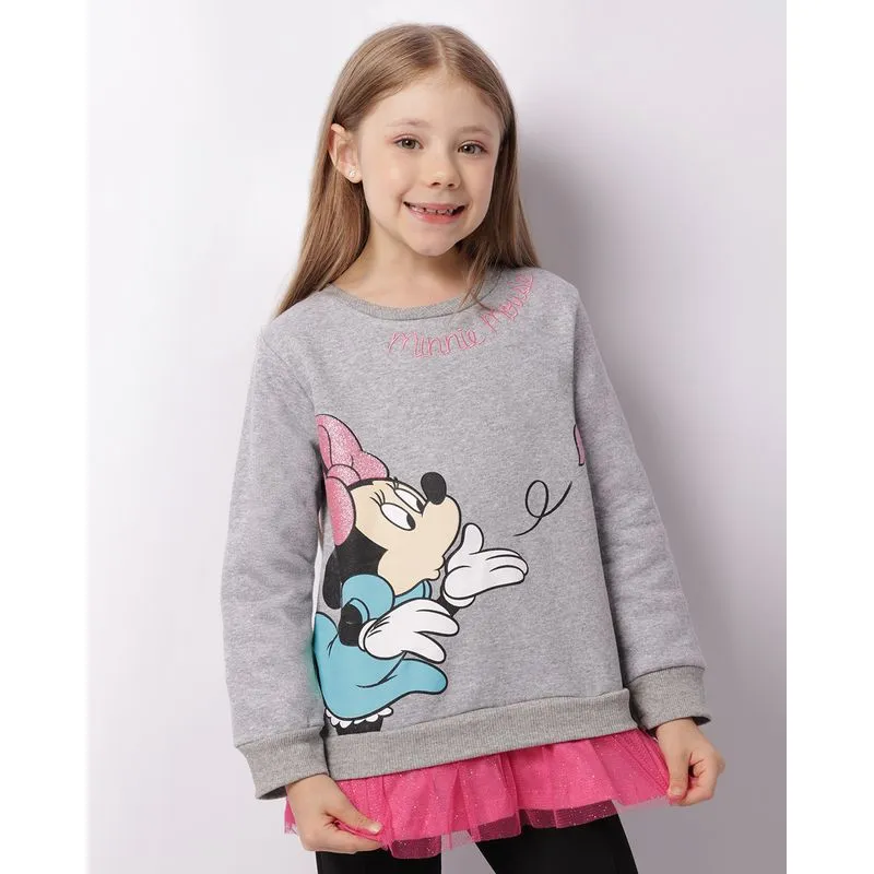 Blusão Moletom Infantil Disney Minnie Com Bordado Tule Glitter Cinza 8