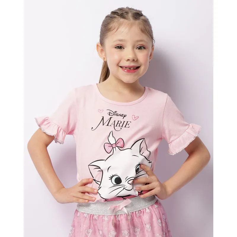Camiseta Infantil Disney Gata Marie + Brinde Lacinho Manga Curta Rosa 8