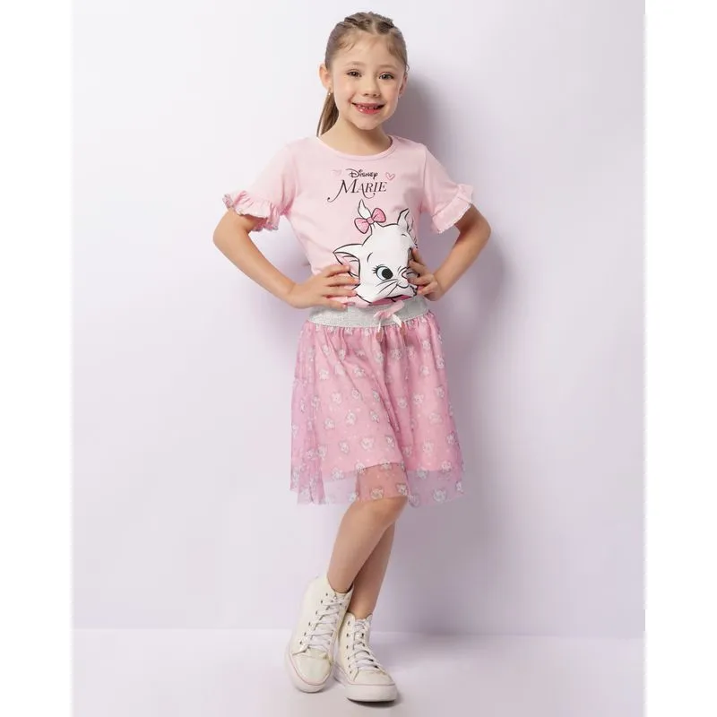 Saia Infantil Disney Gata Marie Tule Com Glitter Rosa 6