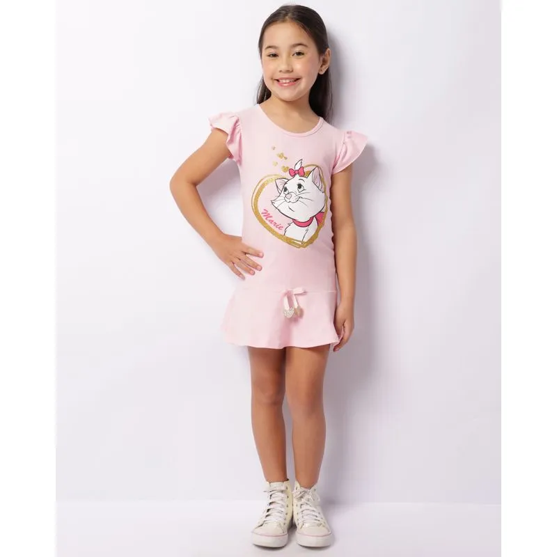 Vestido Infantil Disney Gata Marie Com Glitter Manga Curta Rosa 6
