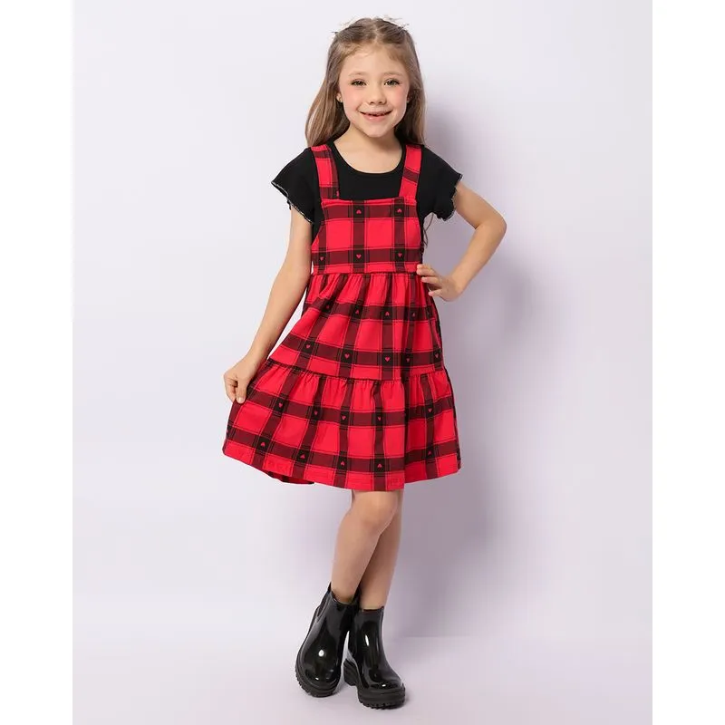 Vestido Infantil Curto Sobreposição Com Estampa Xadrez Preto 10