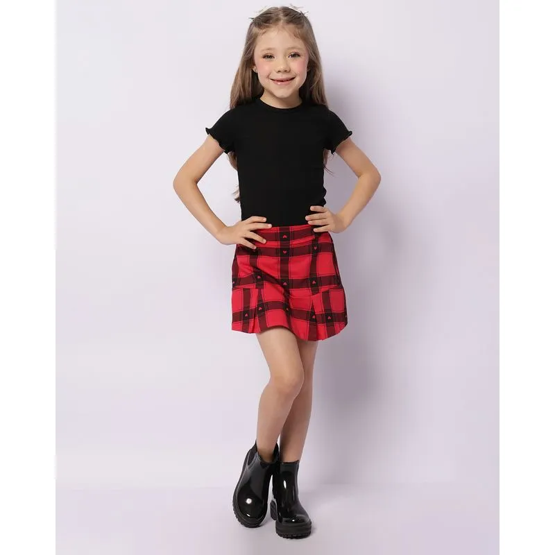 Short Saia Infantil Curto Estampado Xadrez Vermelho 4