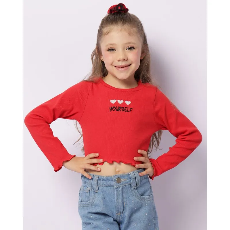 Blusa Infantil Cropped Bordado Frontal + Brinde Elástico De Cabelo Vermelha 10
