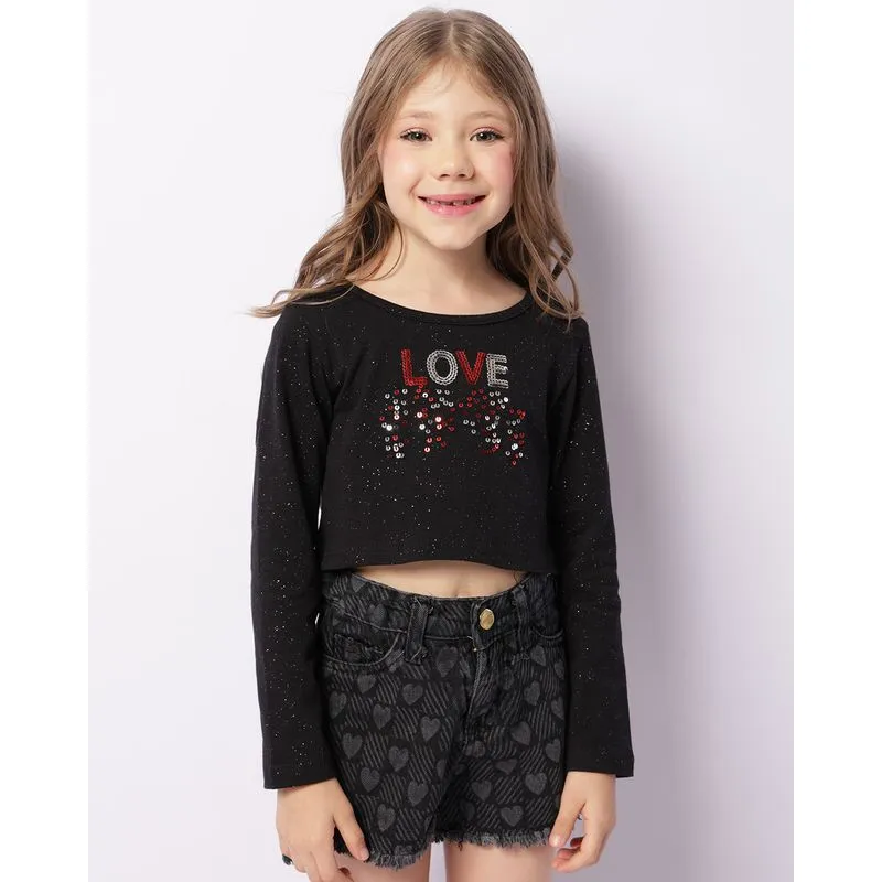 Blusa Infantil Cropped Manga Longa Bordado Paetê Preta 8