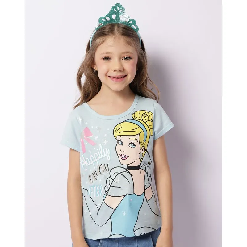 Camiseta Infantil Disney Cinderela + Brinde Tiara De Cabelo Azul 10