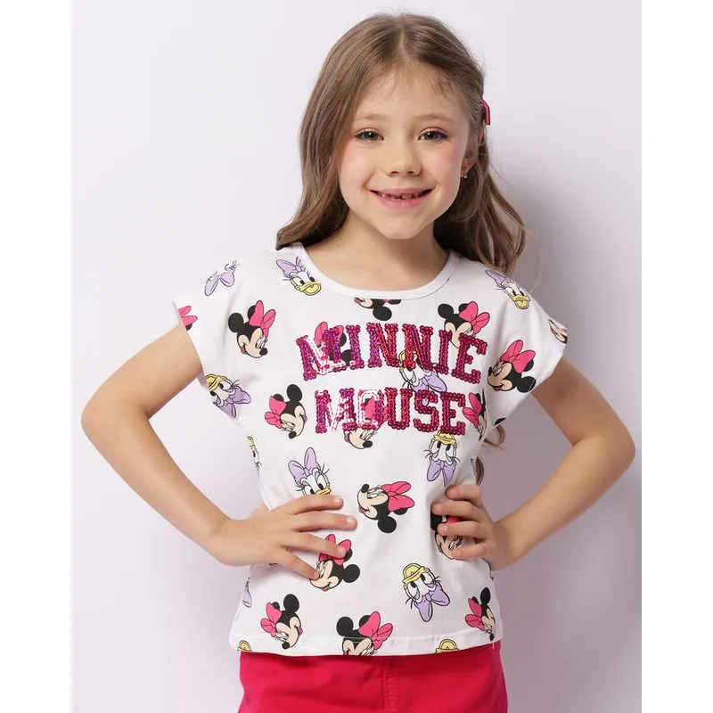 Camiseta Infantil Disney Minnie Paetê Bordado Manga Curta Branca 10
