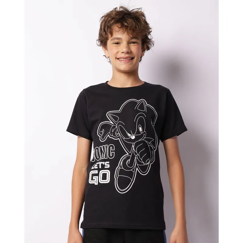 Camiseta Juvenil Estampa Sonic Manga Curta Preto 14