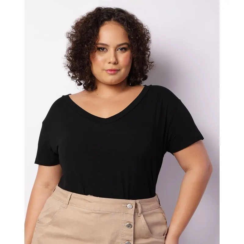 Blusa Plus Size Feminina Gola V Manga Curta Preta G2