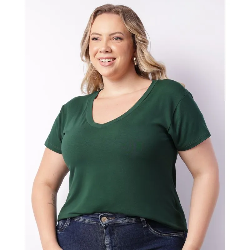Blusa Plus Size Feminina Manga Curta Decote V Verde G2