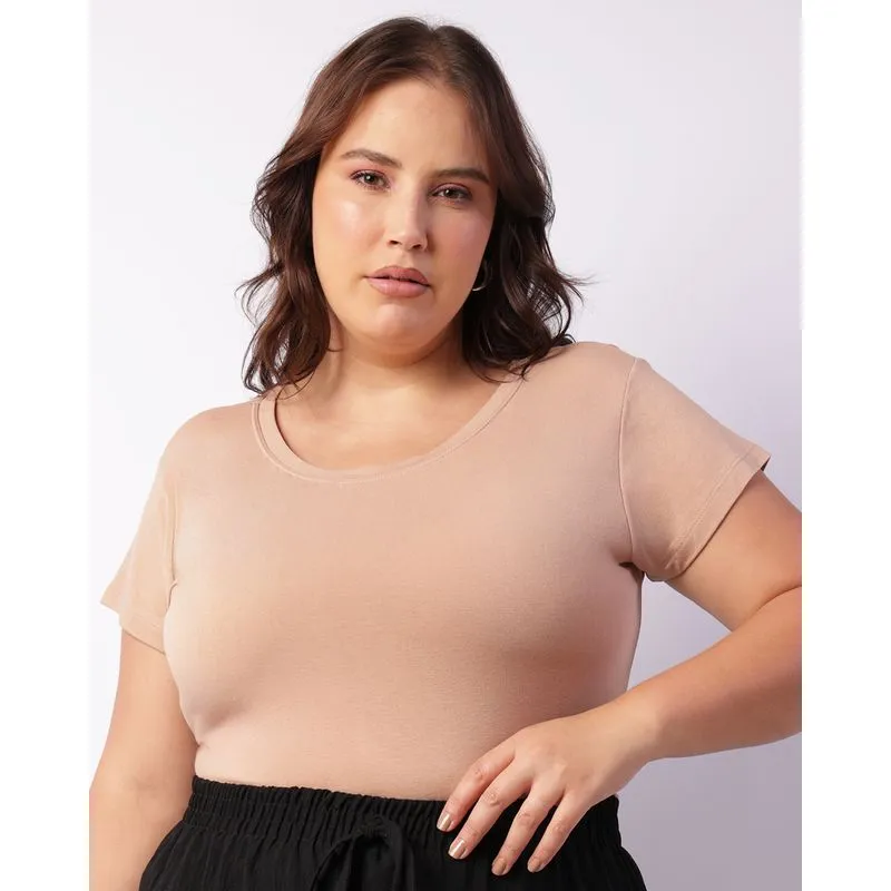 Blusa Plus Size Feminina Manga Curta Básica Bege G1