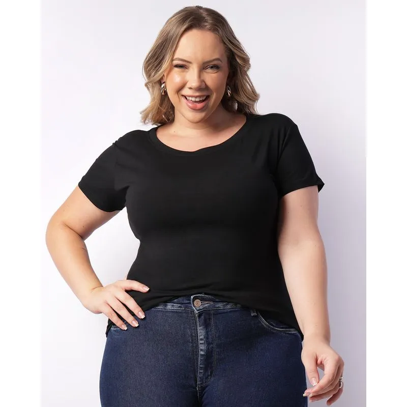 Blusa Plus Size Feminina Manga Curta Decote Canoa Preta G3