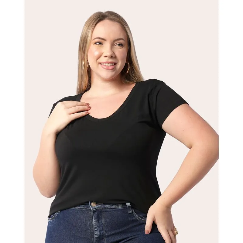 Blusa Plus Size Feminina Básica Manga Curta Preta G1