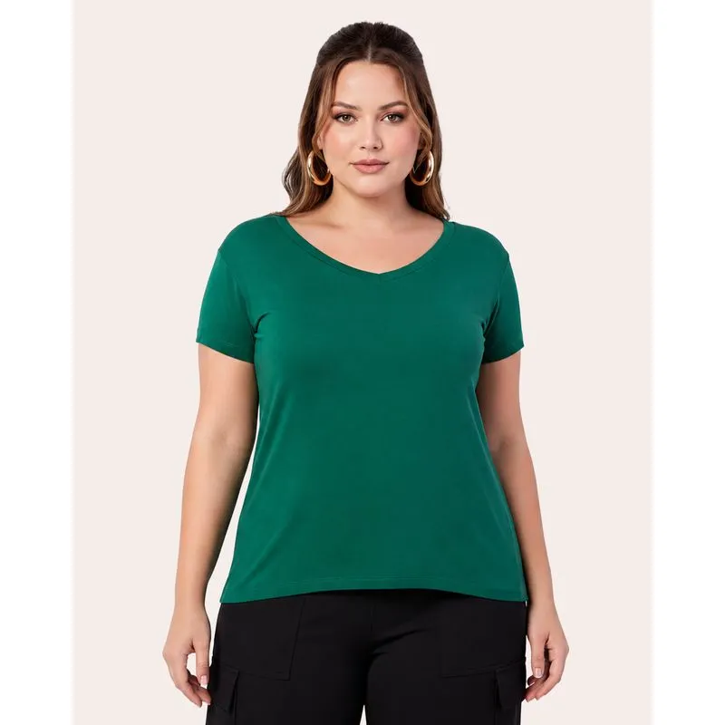 Blusa Plus Size Feminina Manga Curta Decote V Verde G1