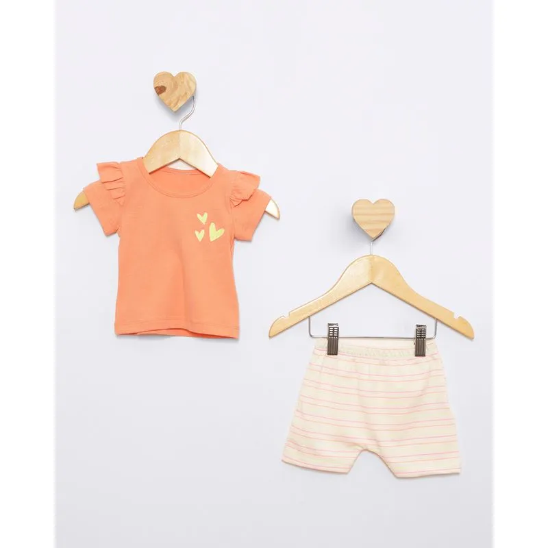 Conjunto Bebê Curto Bordado Coração Laranja P