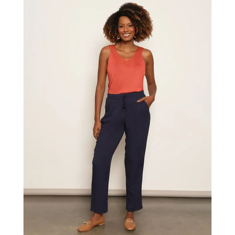 Calça Feminina Reta Viscose Com Bolso Marinho M