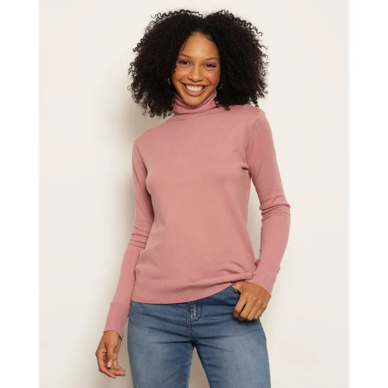 Blusa Feminina Tricô Manga Longa Gola Alta Lilás Medio G