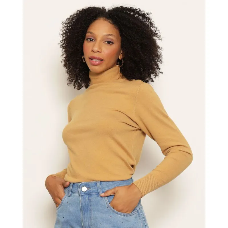Blusa Feminina Tricô Manga Longa Gola Alta Bege Claro M