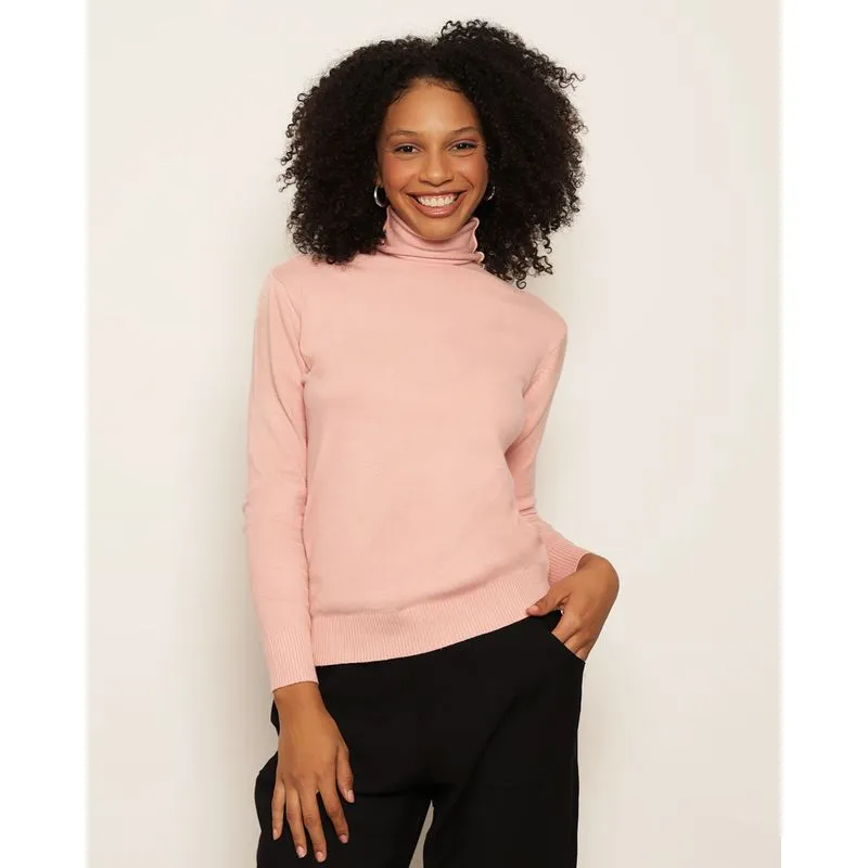 Blusa Feminina Tricô Manga Longa Gola Alta Rosa Claro GG