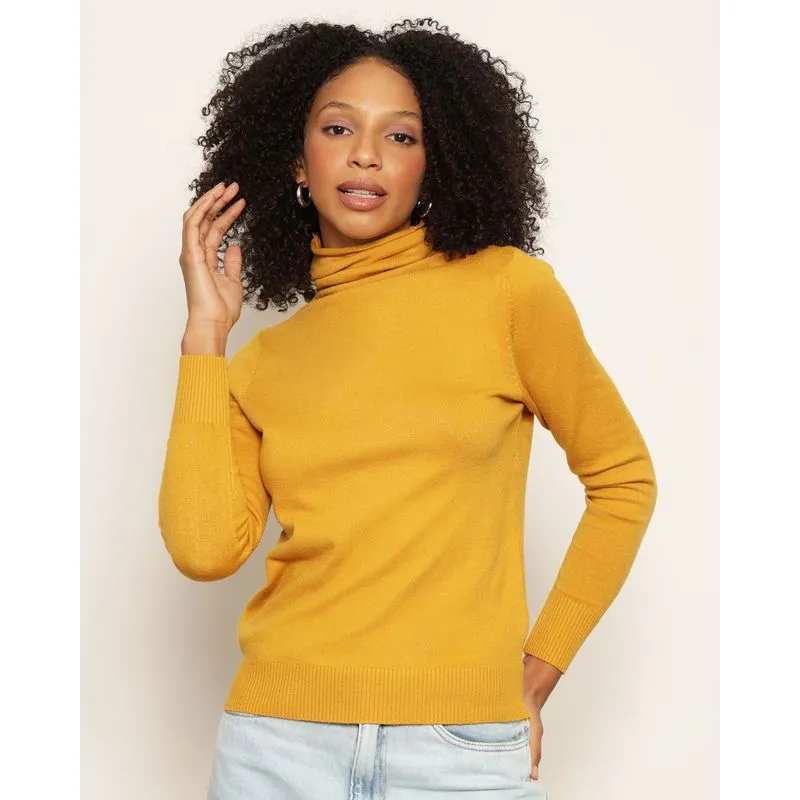 Blusa Feminina Tricô Manga Longa Gola Alta Mostarda P