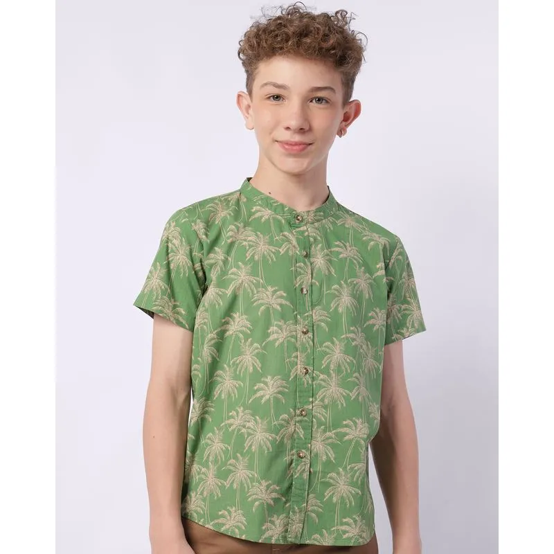 Camisa Juvenil Algodão Gola Padre Estampada com Botões Verde 14