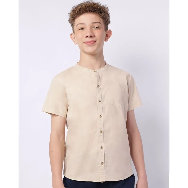 Camisa Juvenil Algodão Gola Padre com Botões Bege 16