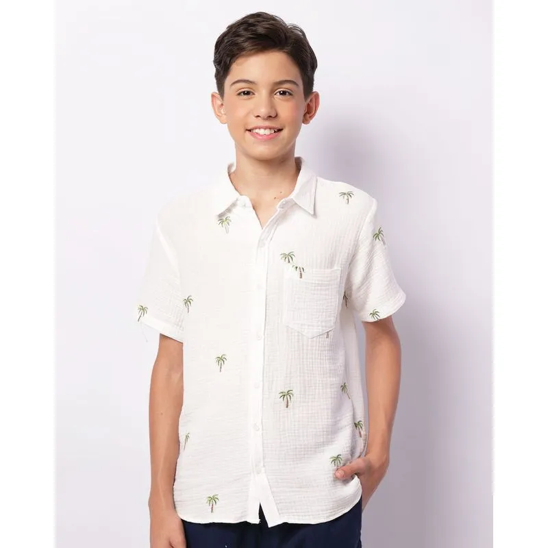 Camisa Juvenil Algodão Texturizado Bordado Coqueiro Manga Curta Branca 12