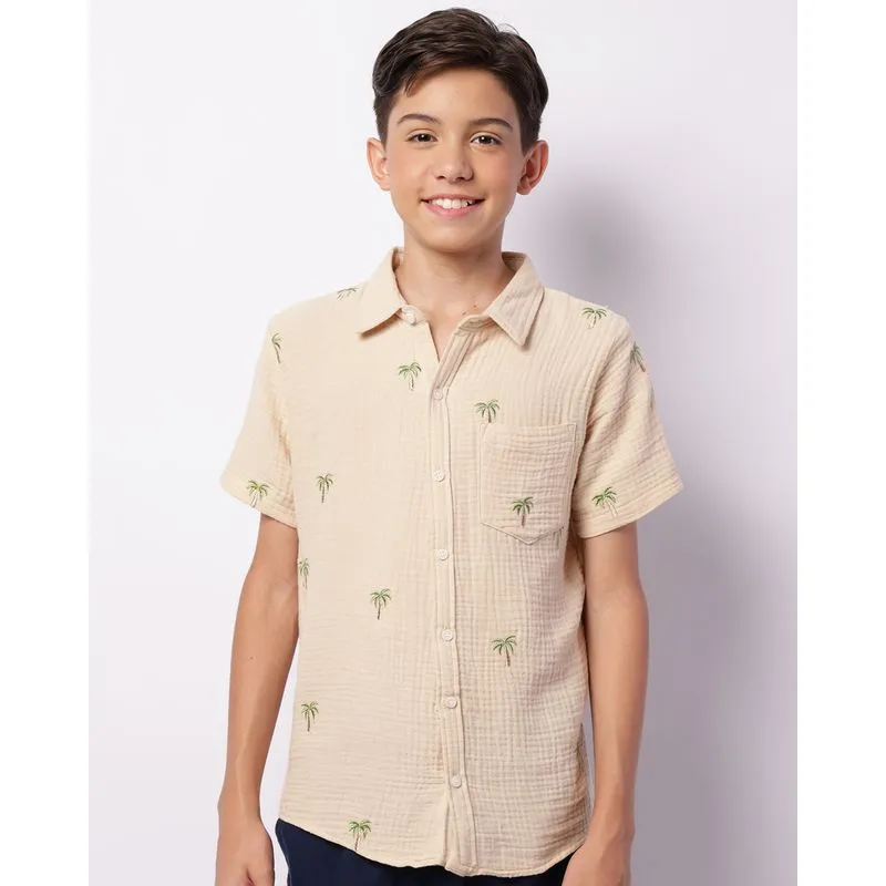 Camisa Juvenil Algodão Texturizado Bordado Coqueiro Manga Curta Bege 16