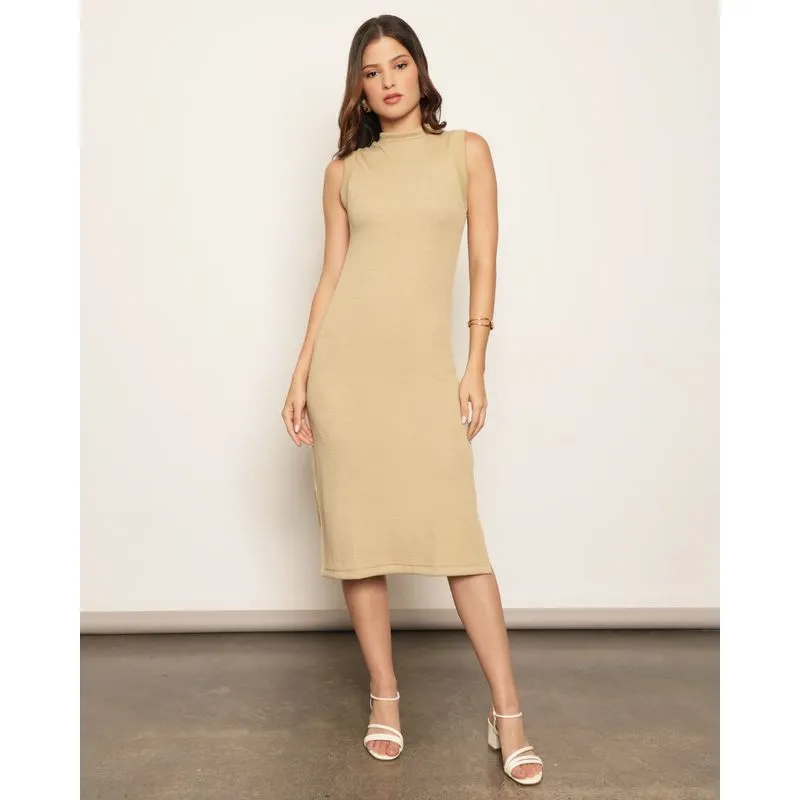 Vestido Feminino Midi Canelado Gola Alta Bege M