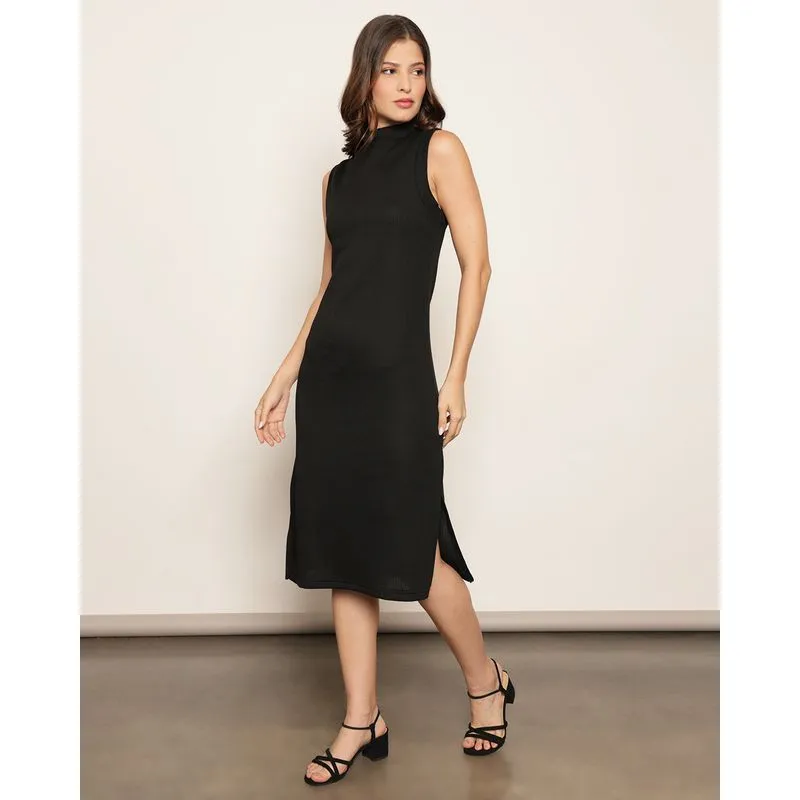 Vestido Feminino Midi Canelado Gola Alta Preto M