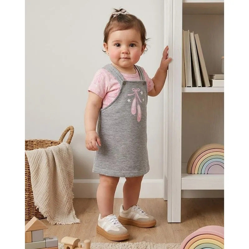 Conjunto Salopete Bebê Curto Estampa Bailarina Cinza P