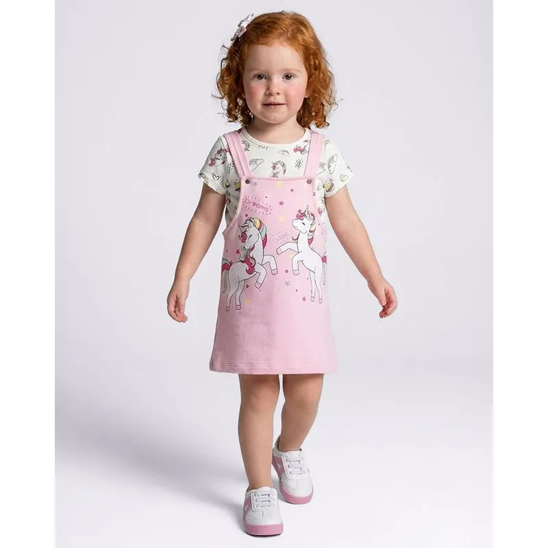 Conjunto Salopete Bebê Moletinho Curto Estampa Unicórnio Rosa 1