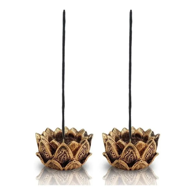 Par De Incensário E Castiçal Flor Lotus Em Resina Dourado