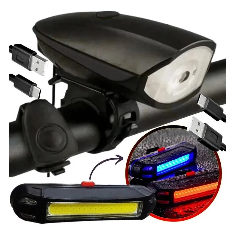 10x Kit Lanterna Farol Led Com Buzina Bike Recarregavel Usb