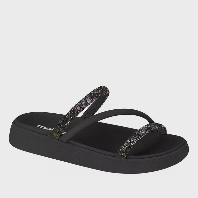 Papete Moleca Flatform Três Tiras Strass Colors Feminina Preta