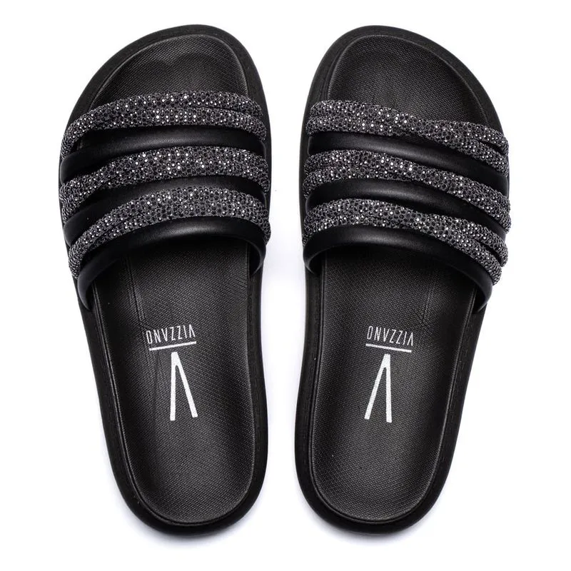 Chinelo Slide Feminino Vizzano Flatform com Tiras Brilhosas Preto - 34